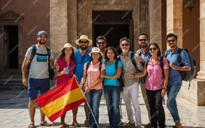 grupo-turistas-que-viajan-guia-sosteniendo-bandera_1230717-128317